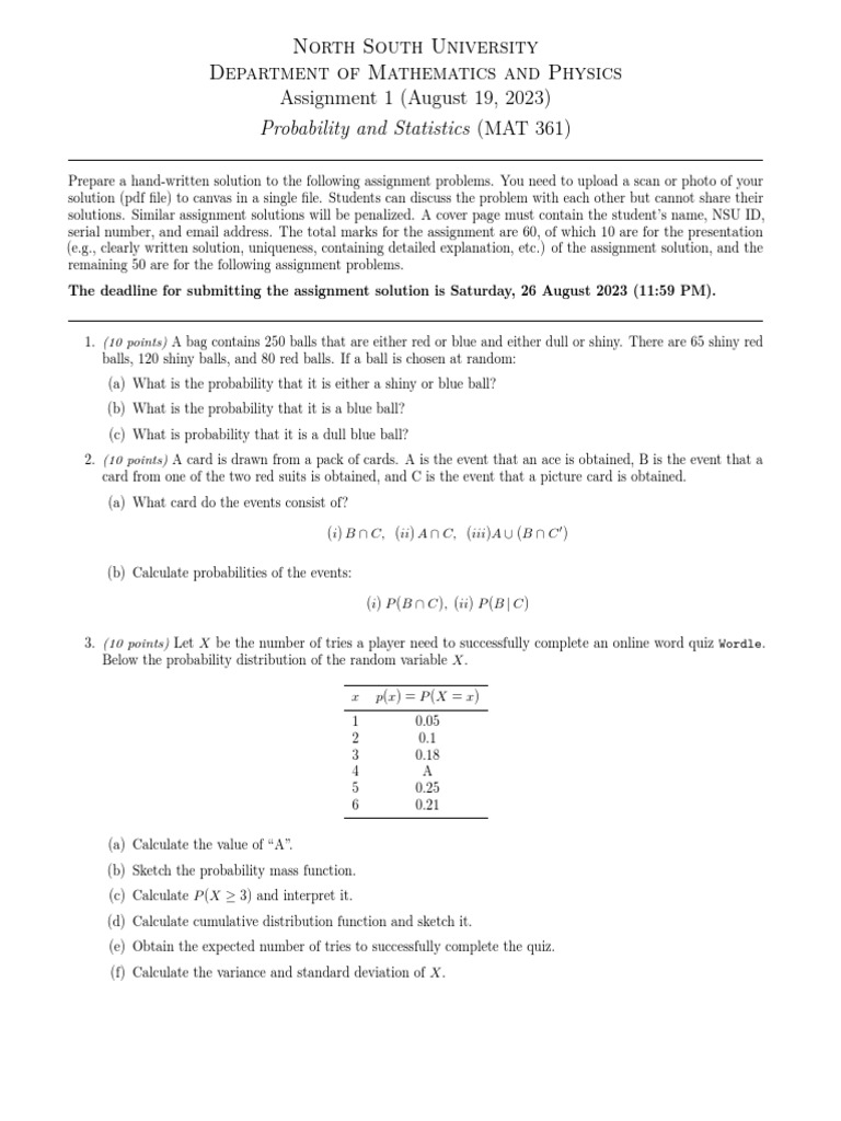 Assignment 1 Mat 361 Pdf Probability Distribution Random Variable