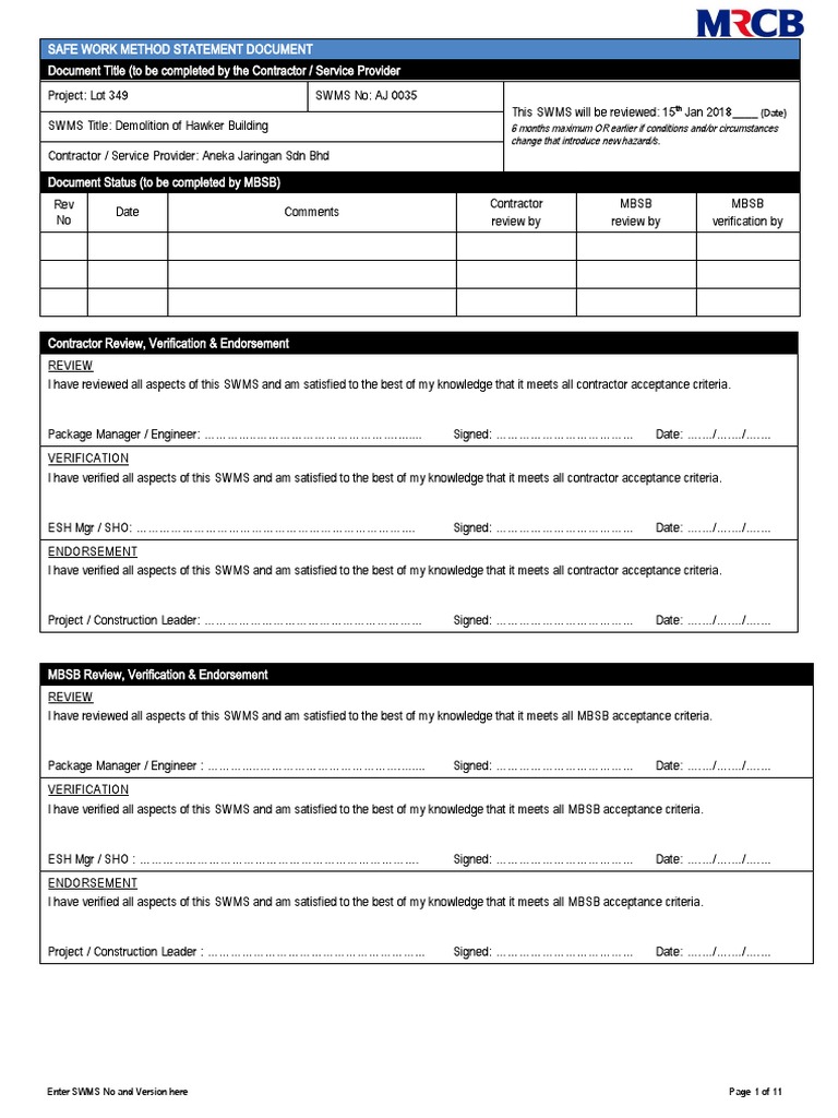 Demolition Safe Work Method Statement | PDF | Personal Protective ...
