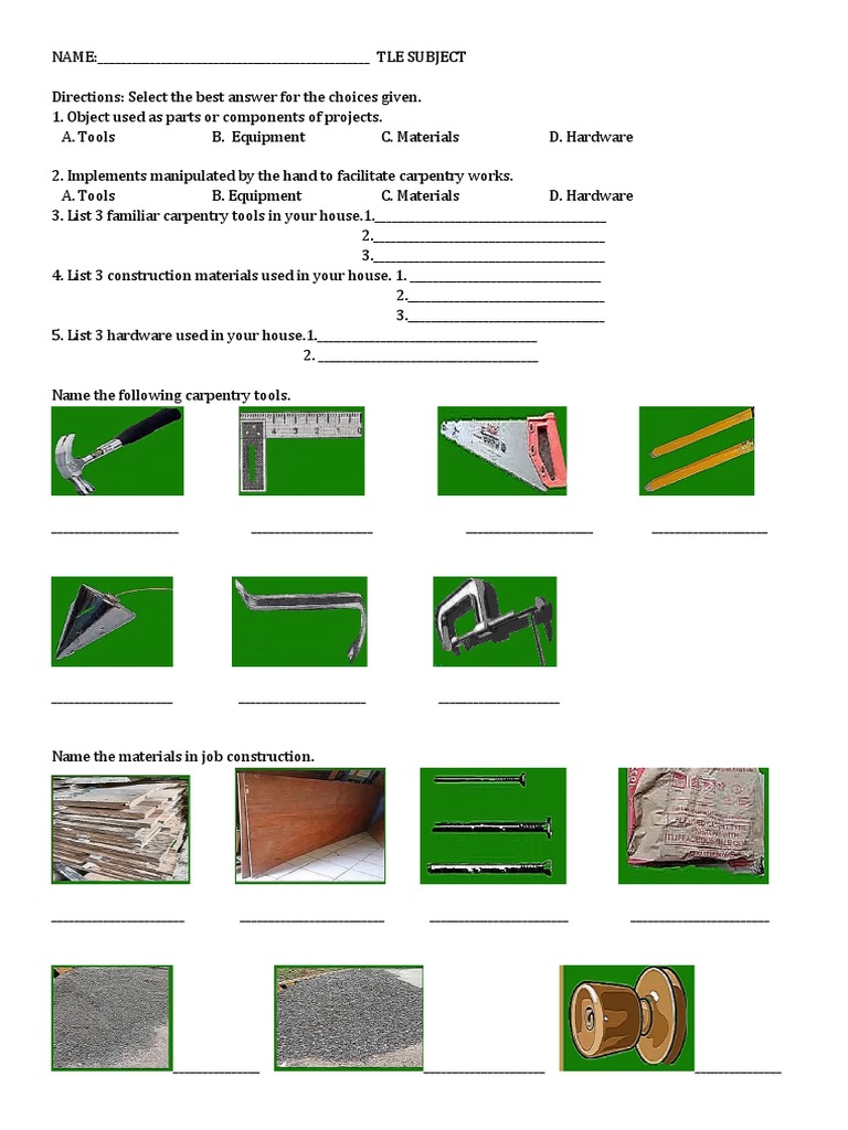 Carpentry Tools Quiz PDF