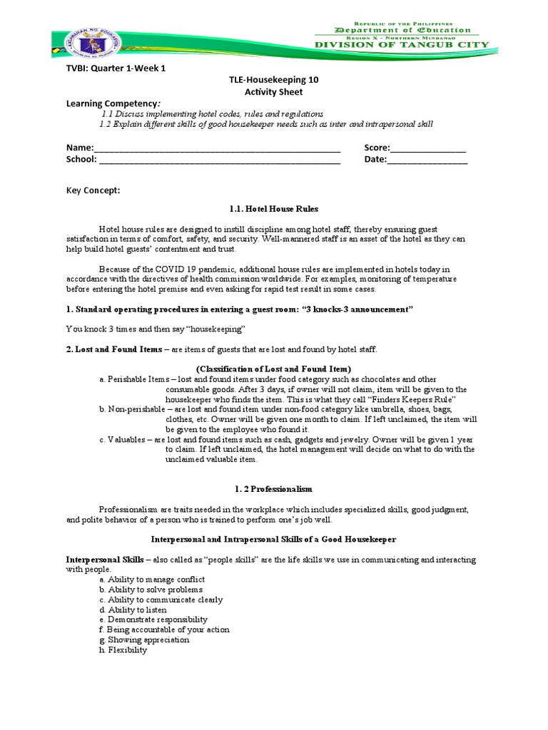 TLE 10 (Housekeeping) Week 1 (Student's Copy) PDF Psychological