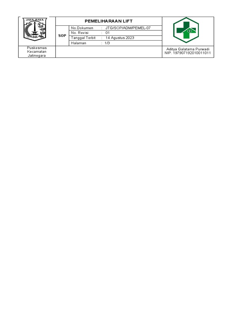 Sop Pemeliharaan Lift 2023 Pdf