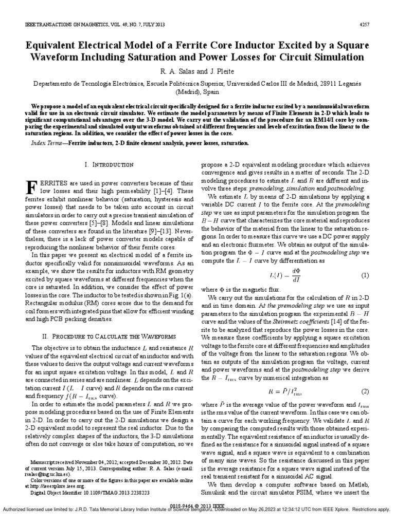 Equivalent Electrical Model of A Ferrite Core Inductor Excited by A