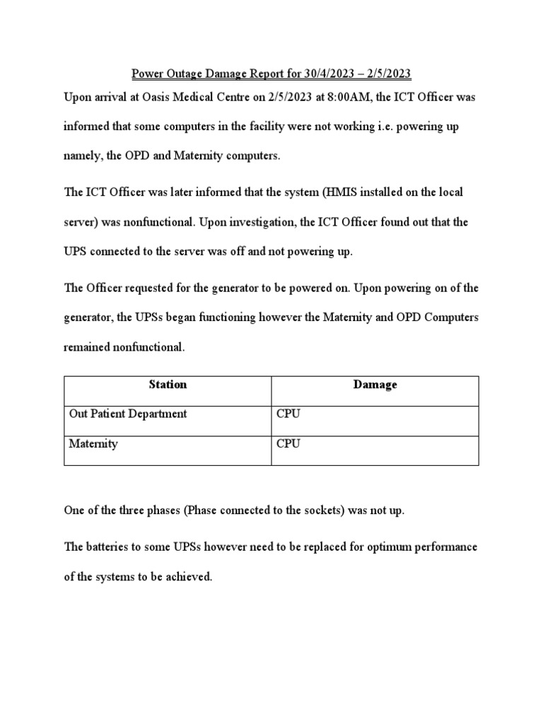 Power Outage Damage Report For 30 PDF