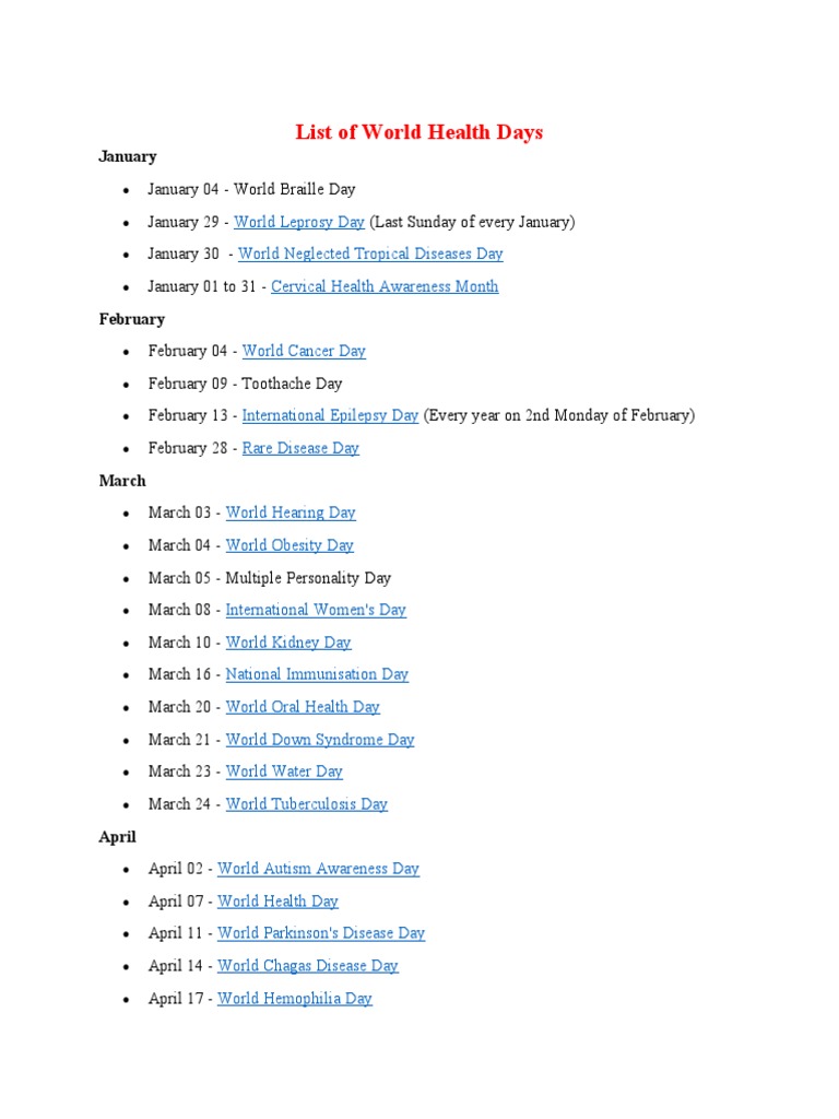 List of World Health Days PDF Cancer Irritable Bowel Syndrome