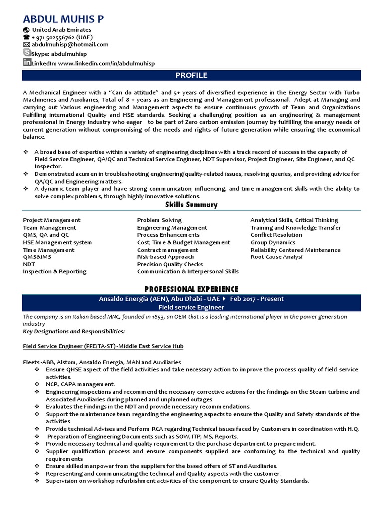Mechanical Engineer in Energy Sector | PDF | Nondestructive Testing ...