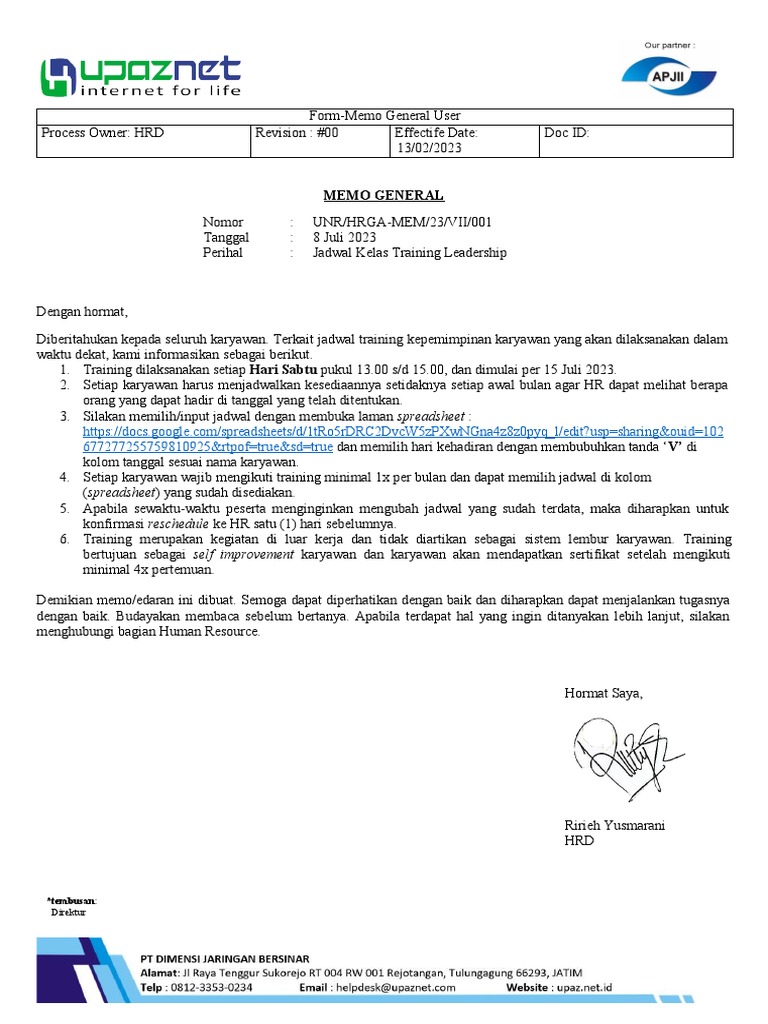 Memo Jadwal Training Leadership PDF