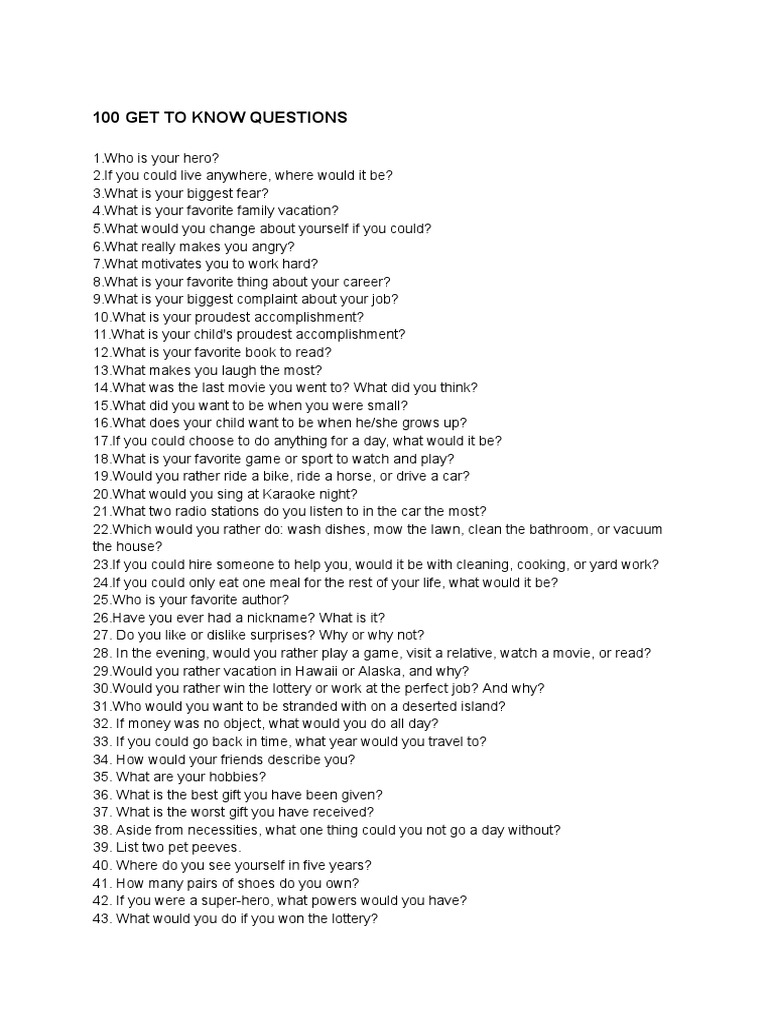 100 Get To Know - Questions | PDF | Language Arts & Discipline