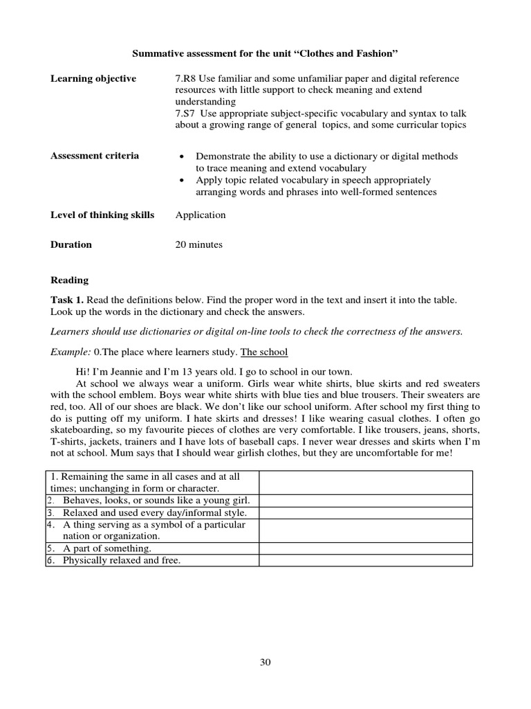 Summative Assessment For The Unit "Clothes and Fashion" Learning