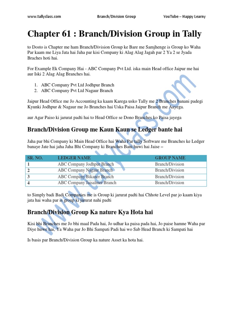 Understanding Branch/Division Groups in Tally | PDF