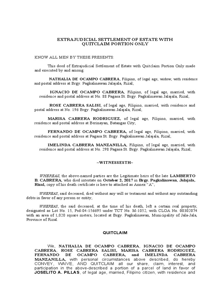 Extrajudicial Settlement of Estate With Quitclaim Portion Only Lamberto ...