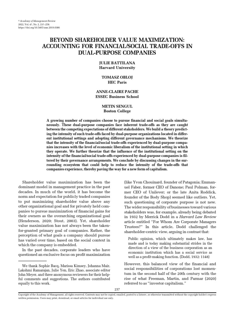 Battilana et al 2022 beyond shareholder value maximization