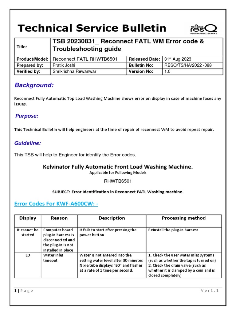 TSB 20230831 - Reconnect FATL WM Error Code & Troubleshooting Guide ...