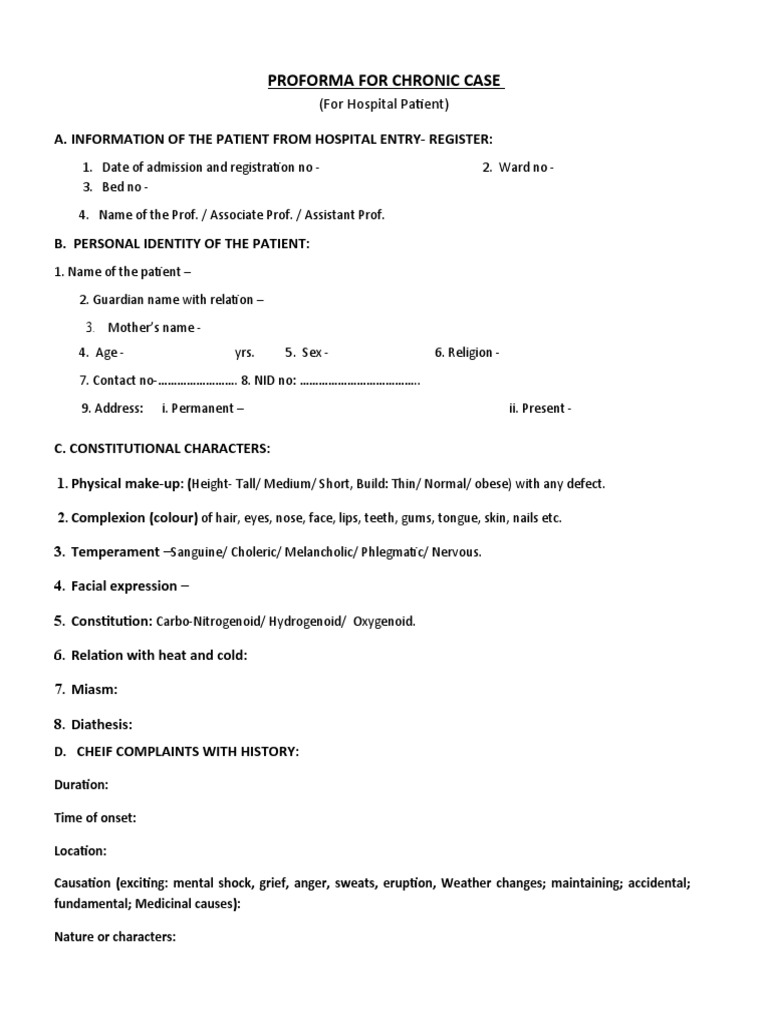 Chronic Case Clerking Proforma | PDF | Taste | Sexual Intercourse