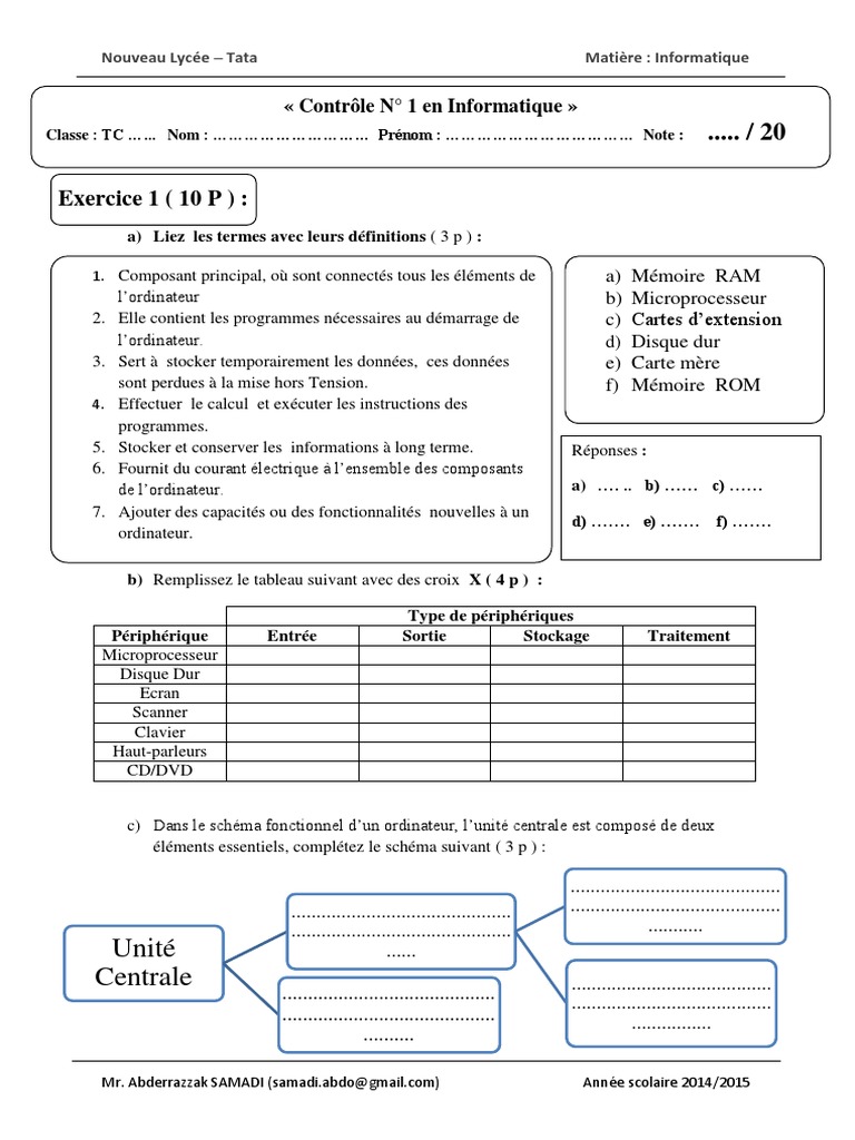 Contrôle d'Informatique au Lycée 2015 | PDF | Informatique | Mémoire ...