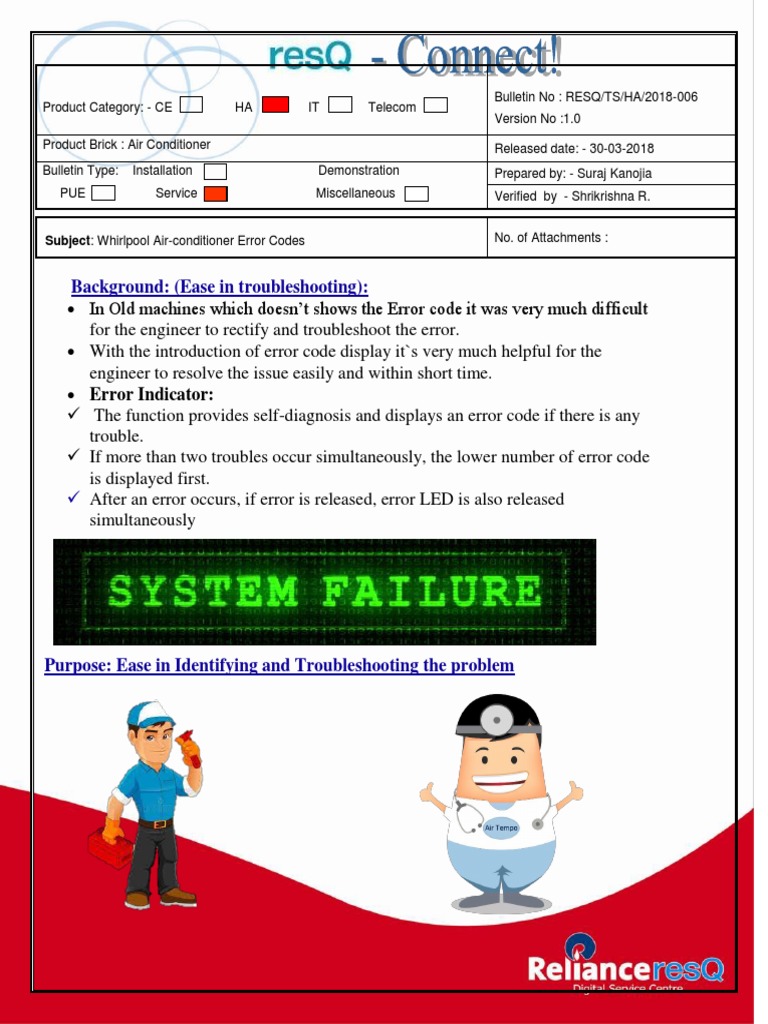 Whirlpool AC Error Code Guide | PDF | Air Conditioning | Electrical ...
