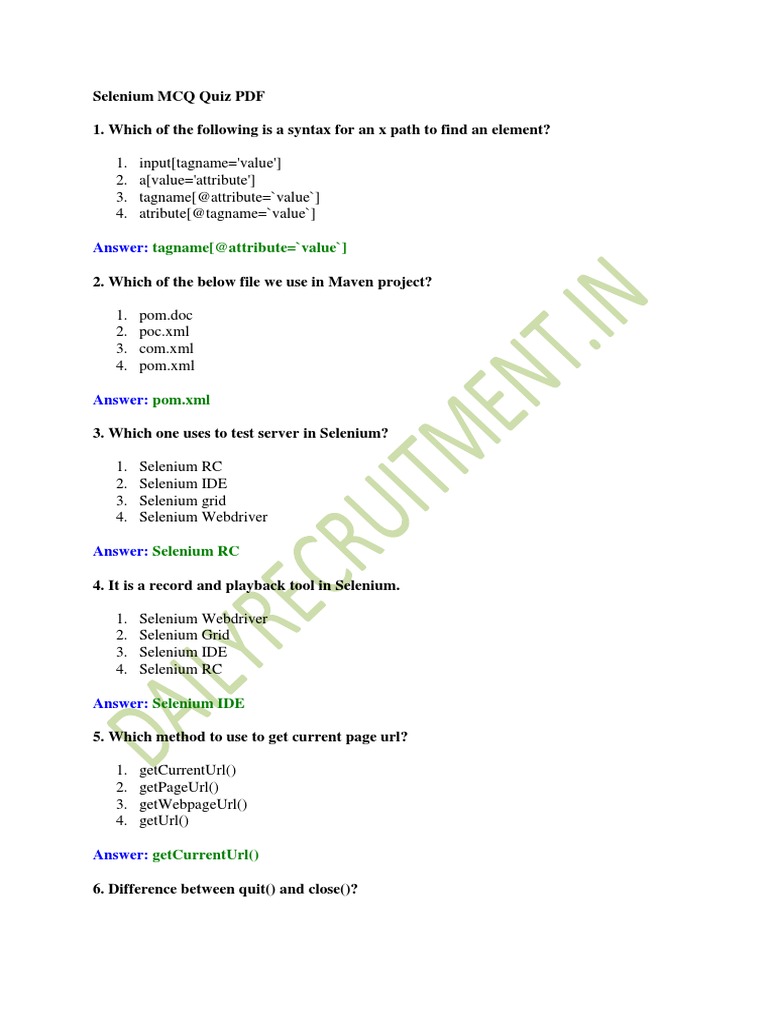 Selenium mcq quiz pdf pdf selenium software computer engineering