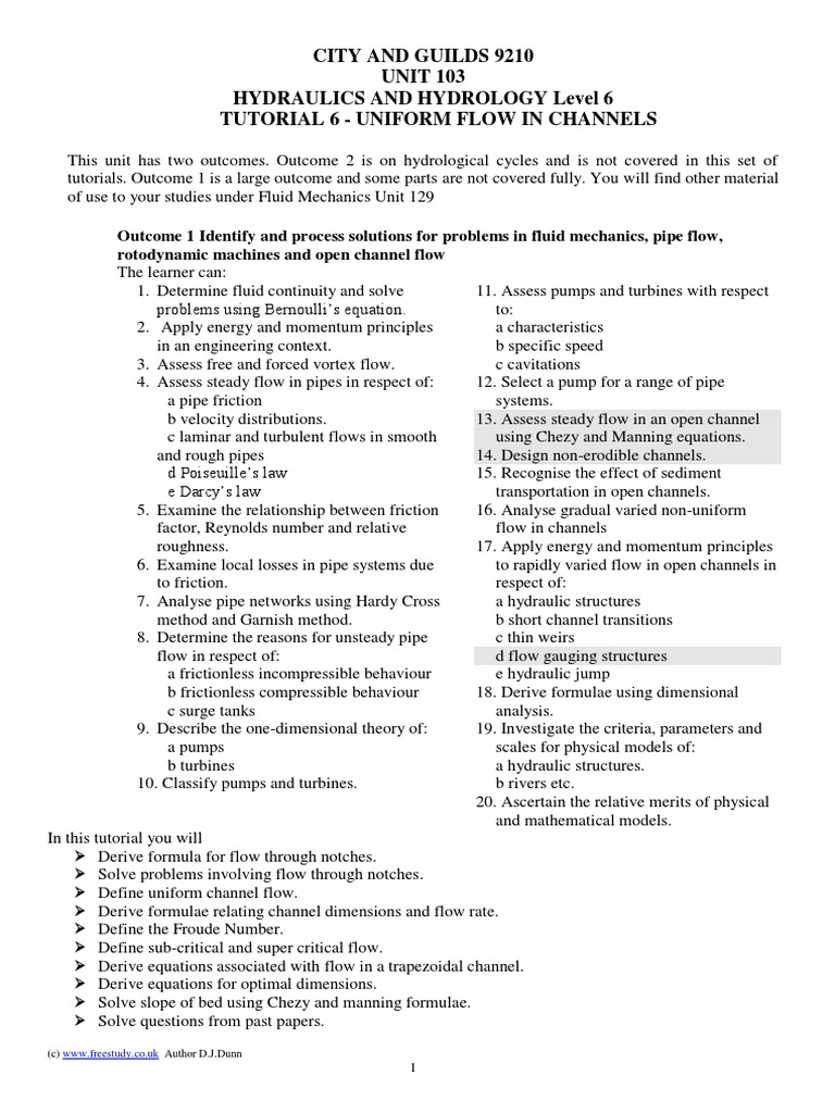 City and Guilds 9210 UNIT 103 Hydraulics and Hydrology Level 6 Tutorial 6 Uniform Flow in
