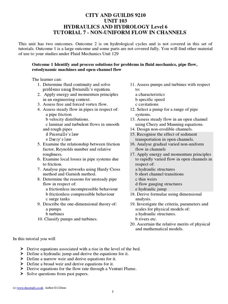City and Guilds 9210 UNIT 103 Hydraulics and Hydrology Level 6 Tutorial 7 NonUniform Flow in