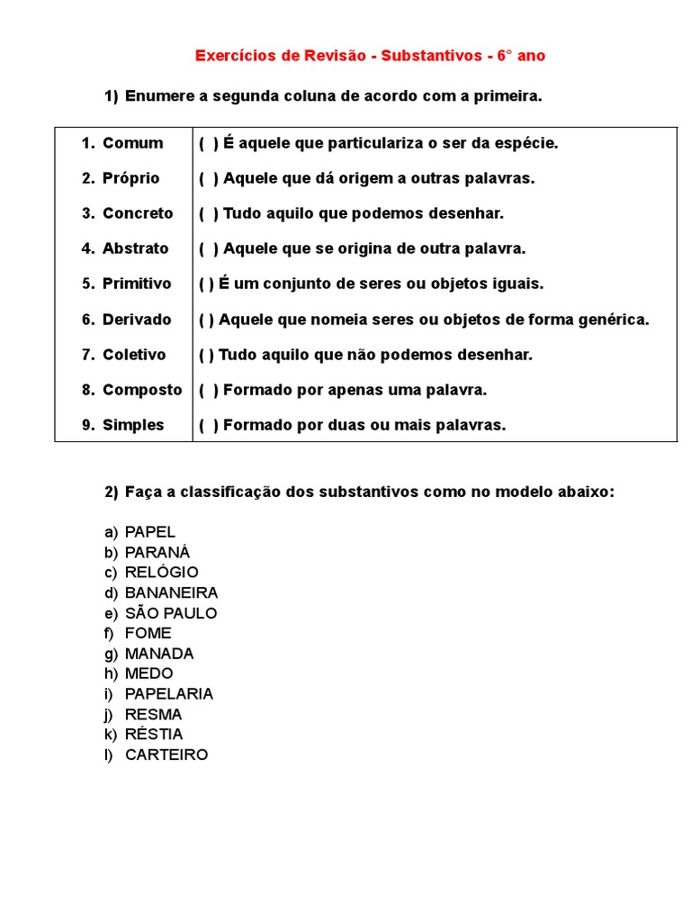Exercícios de Revisão - Substantivos - 6° ano | PDF