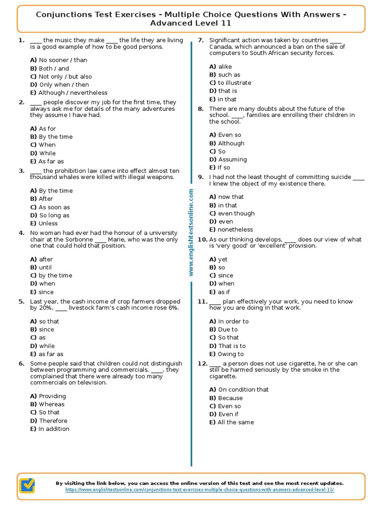 Advanced Conjunctions MCQ Test | PDF | Multiple Choice
