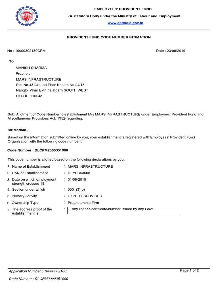 Mars Infra PF Registration | PDF | Economies | Business