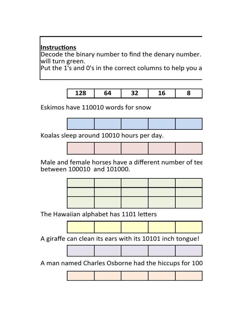 Introduction To Binary Student Worksheets | PDF