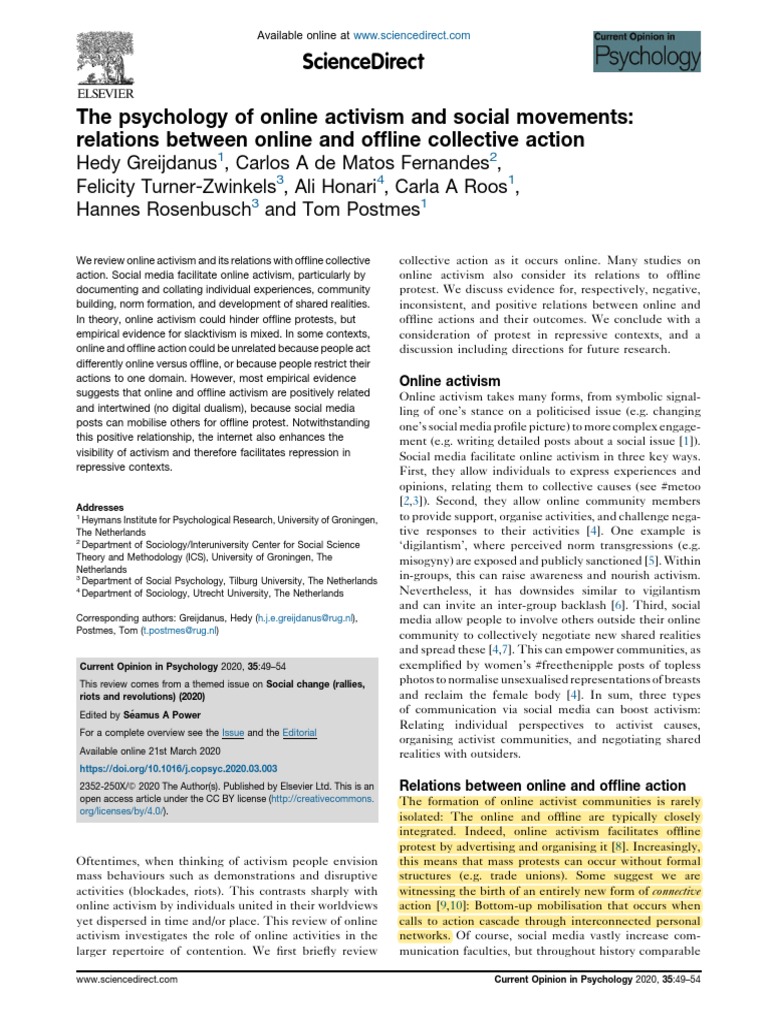 The Psychology of Online Activism and Social Movements 2020 Current