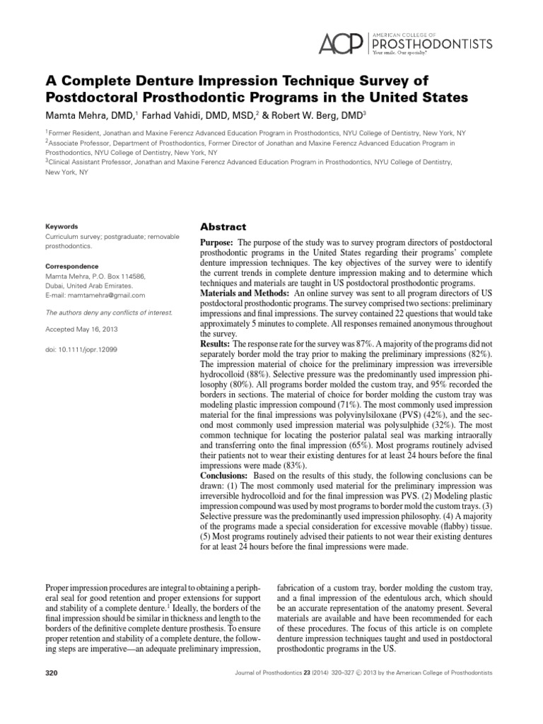 A Complete Denture Impression Technique Survey of Postdoctoral