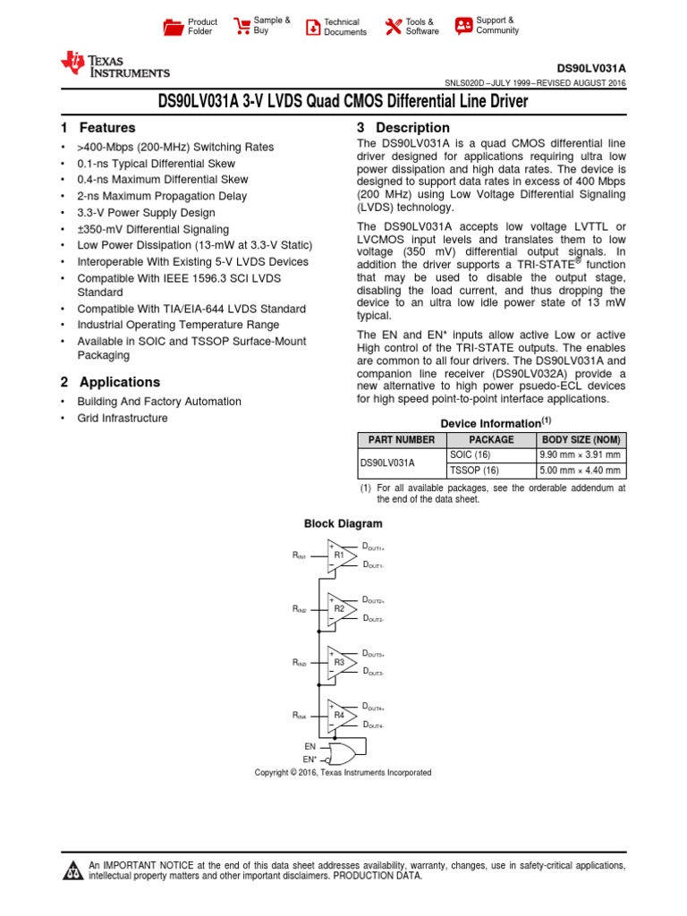 DS90LV031A 3-V LVDS Quad CMOS Differential Line Driver: 1 Features 3 ...