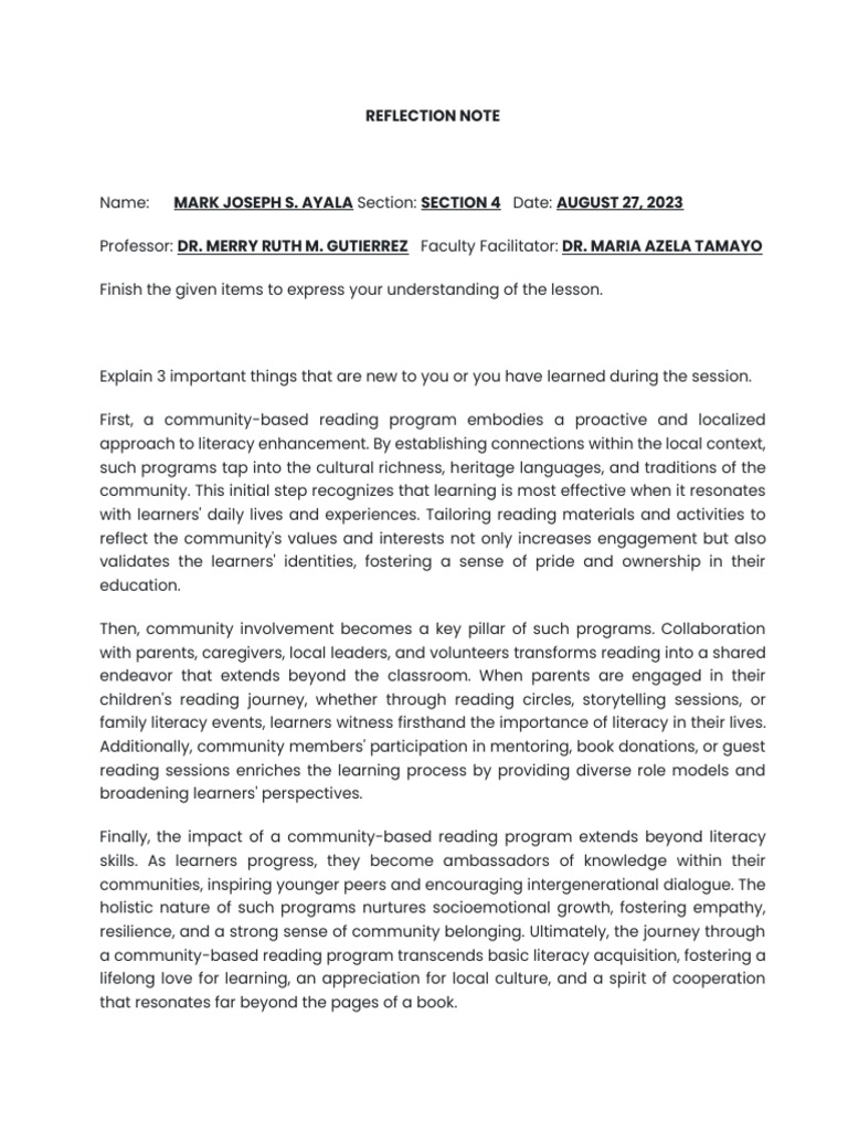 Reflection Note Template PDF Learning Literacy