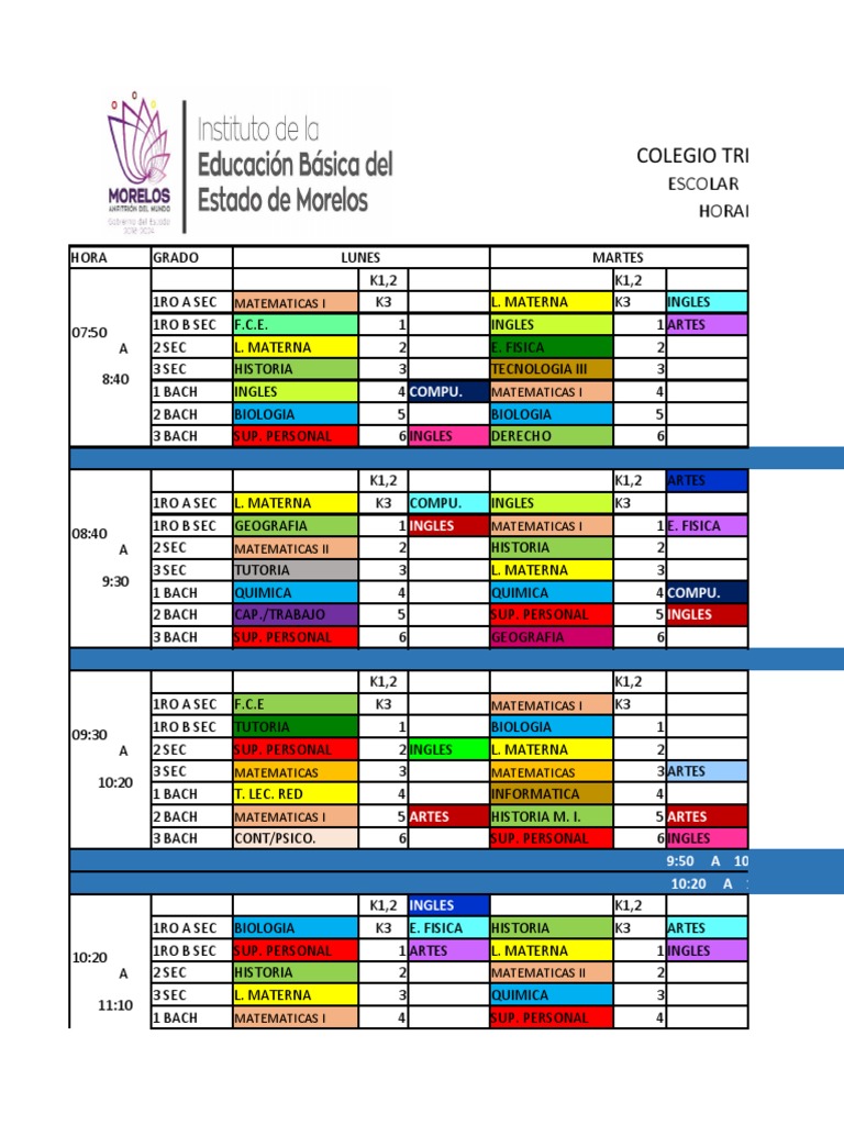 Horario Escolar Colegio Trigarante 2023-2024 | PDF | Ciencias sociales