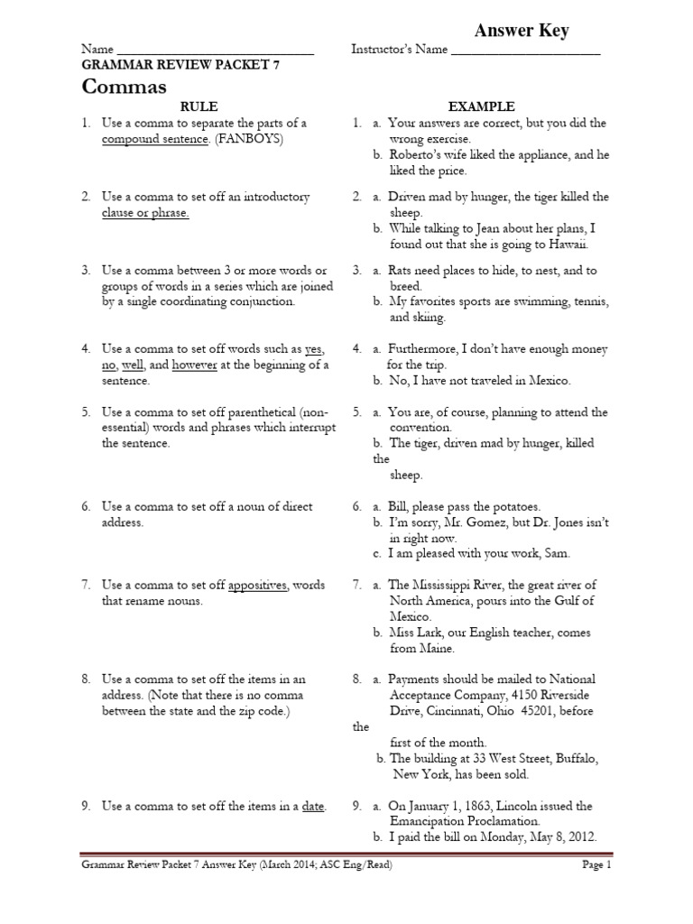 Grammar Review Packet 7 Commas Answer Key PDF Comma Language