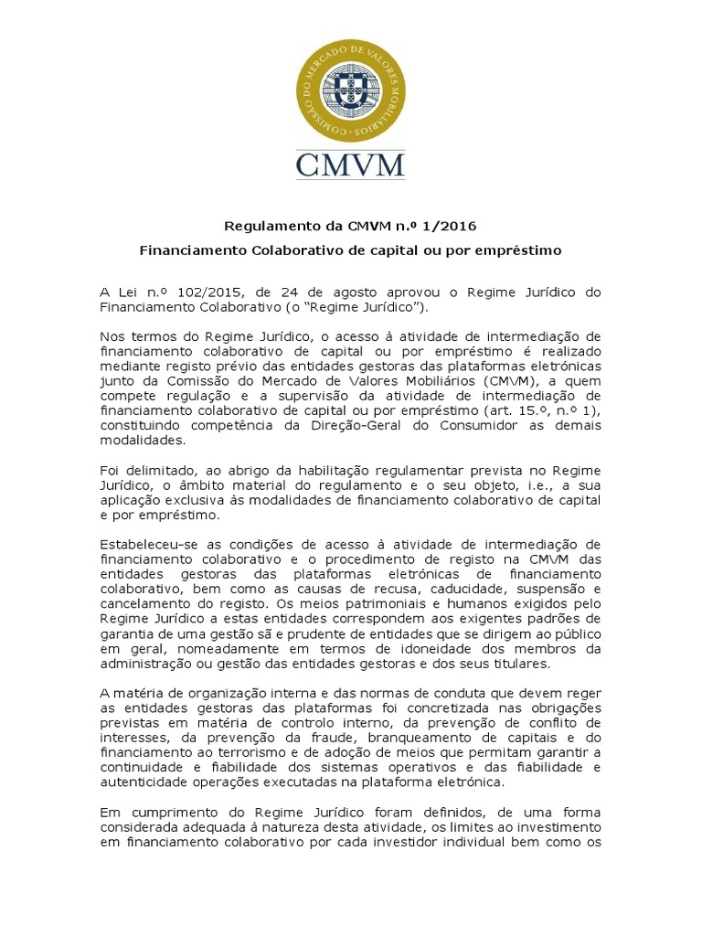 Regulamento CMVM n.º 7/2023 sobre Financiamento Colaborativo | PDF ...