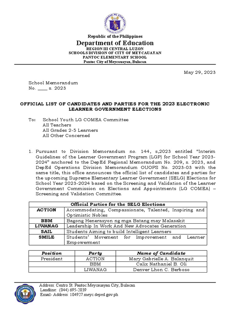 SELG Candidates for Pantoc School 2023 | PDF | Philippines | Government