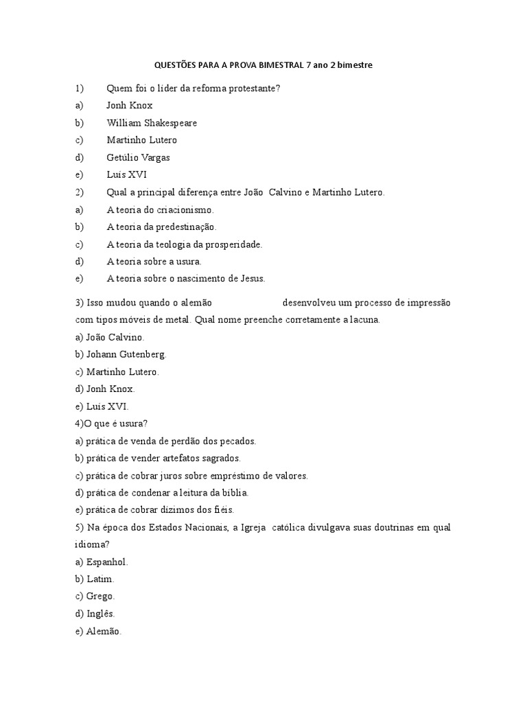 Questões sobre Reforma Protestante 7º Ano | PDF | Igreja católica ...