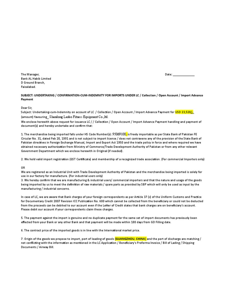 HS Code Undertaking For IMPORT PDF Letter Of Credit Business