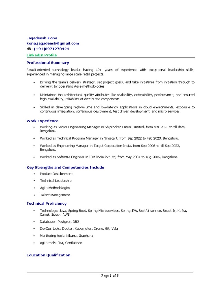 Jagadeesh Kona Engineering Manager Profile PDF Cloud Computing