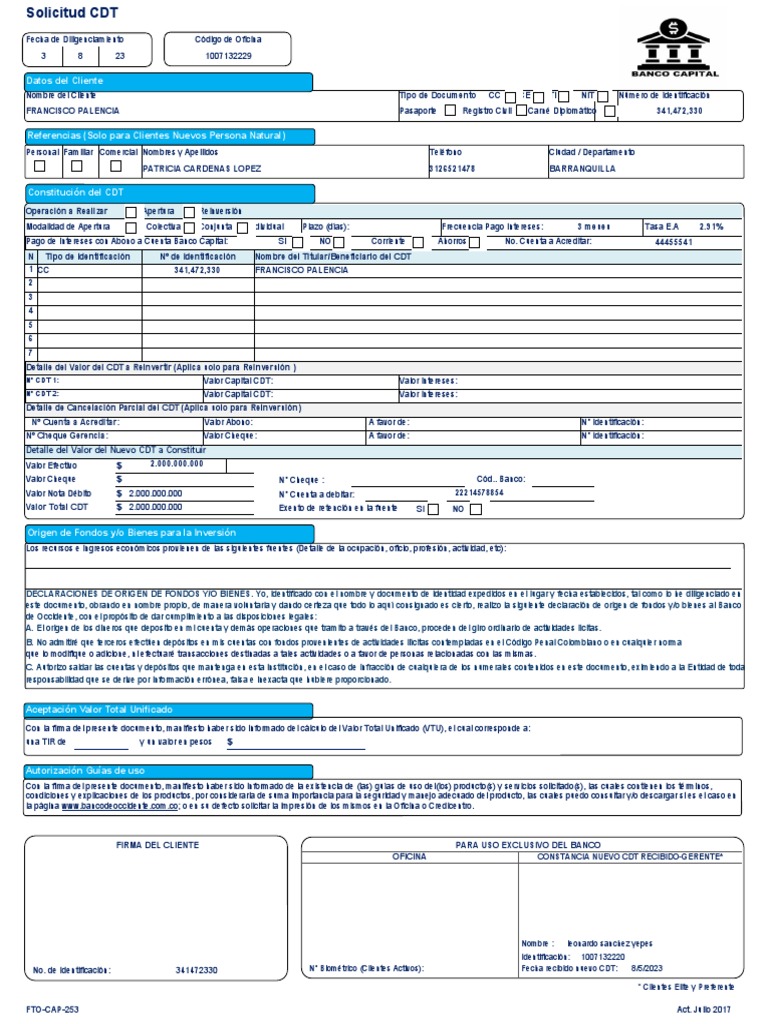 Solicitud de CDT para Inversión Bancaria | PDF | Bancos | Cheque