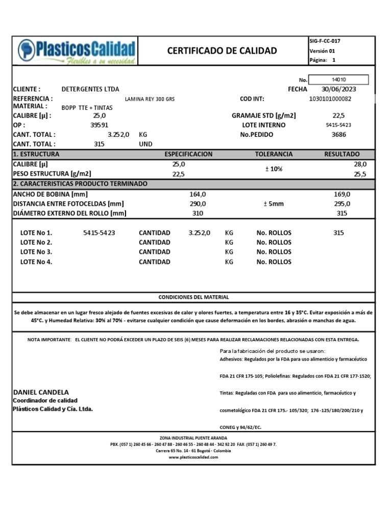 Informe de Calidad de Material COD INT 1030101000082 | PDF | Física ...