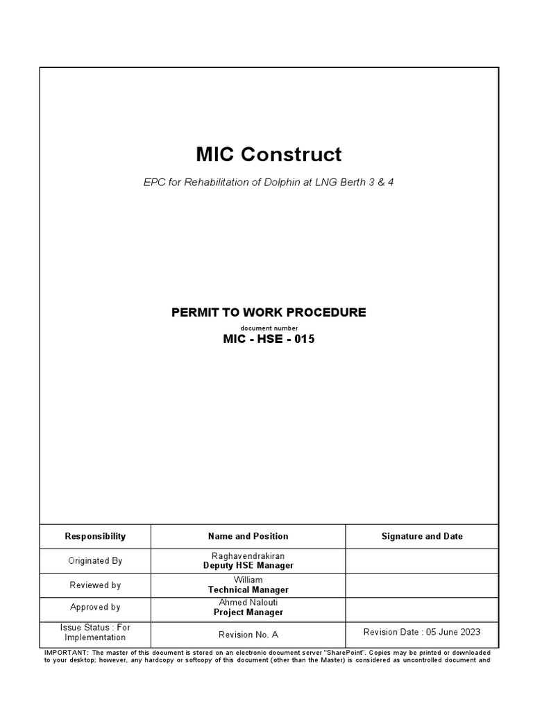 MIC Construct Permit to Work Procedure | PDF | Occupational Safety And ...