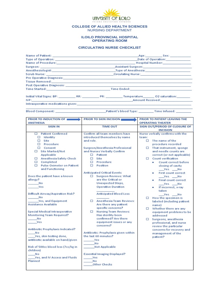 Circulating Nurse Operating Room Checklist | PDF | Surgery | Anesthesia