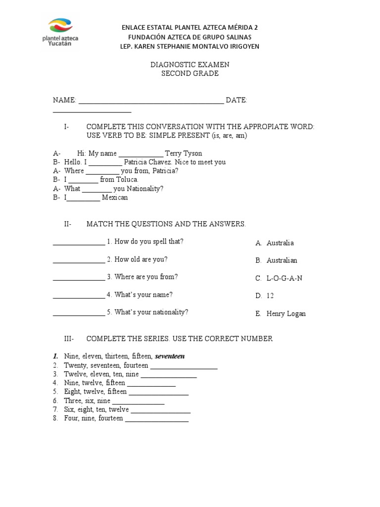 Second Grade Diagnostic Exam | PDF