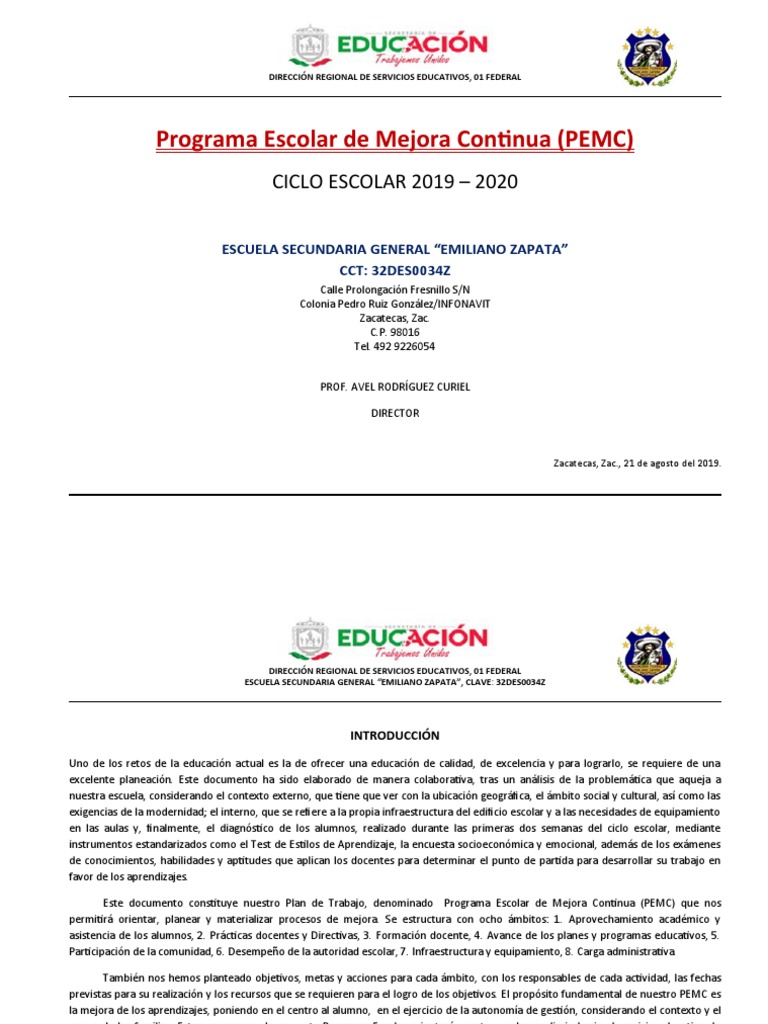 Programa Escolar de Mejora Continua 2020 | PDF | Maestros | Enseñando
