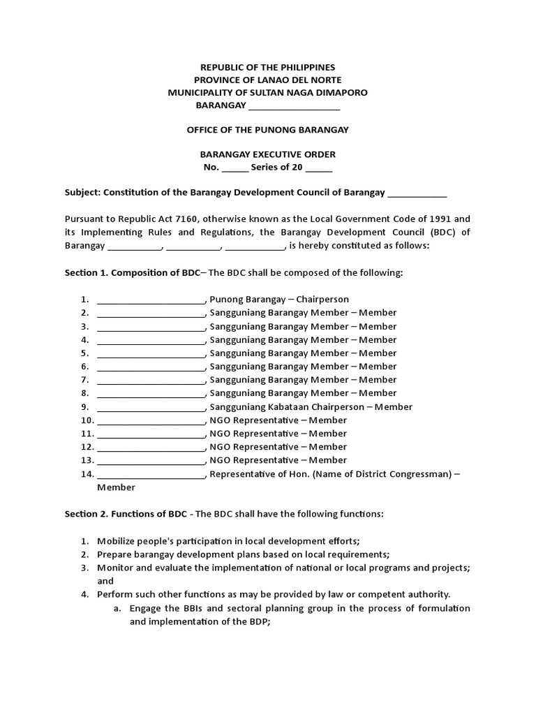 Barangay Development Council Executive Order | PDF | Government
