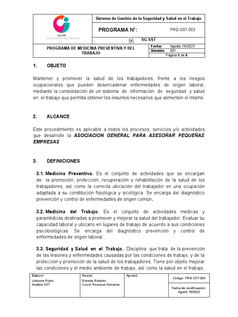 Programa de Medicina Preventiva Laboral | PDF | Seguridad y salud ...