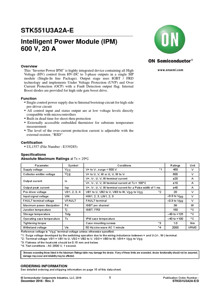 STK551U3A2AE Intelligent Power Module (IPM) 600 V, 20 A at TC 25 C PDF Power Supply