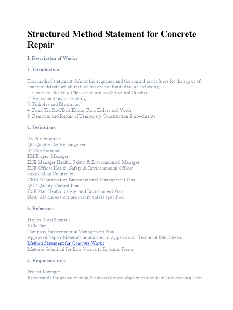 Concrete Repair Method Statement | PDF | Concrete | Safety