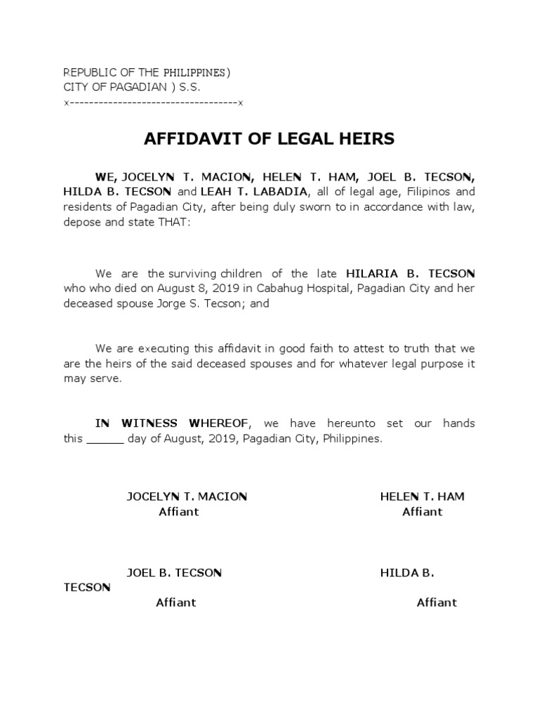 Affidavit of legal heirs pdf affidavit evidence