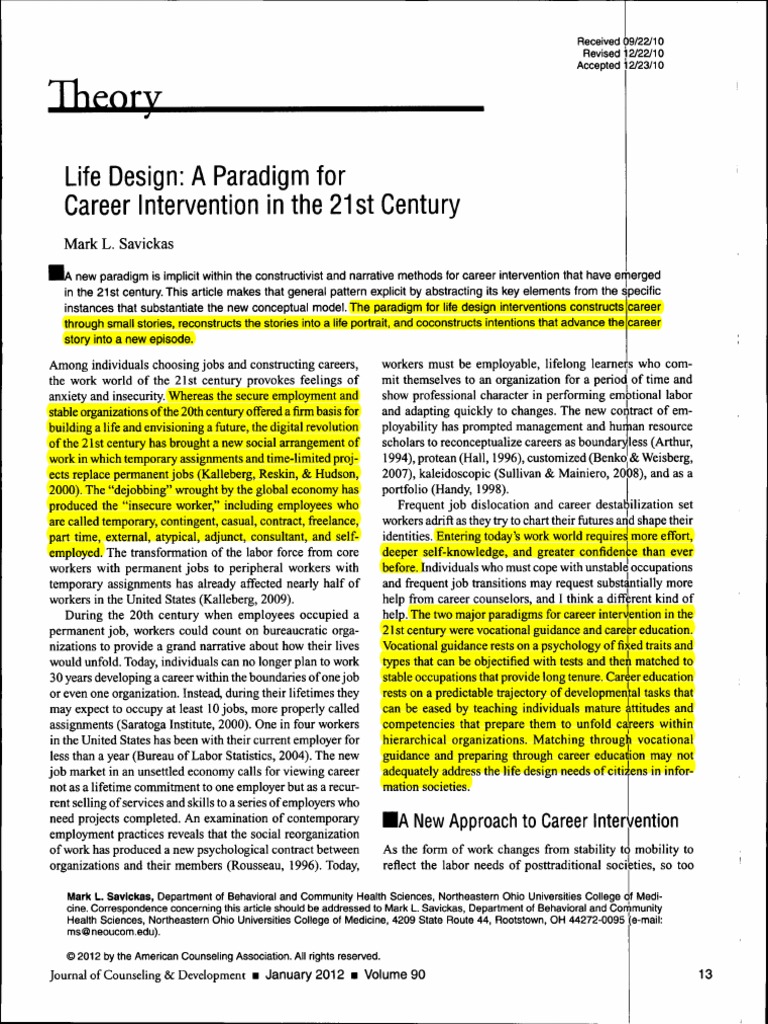 Life Design A Paradigm For Career Intervention in The 21st Century