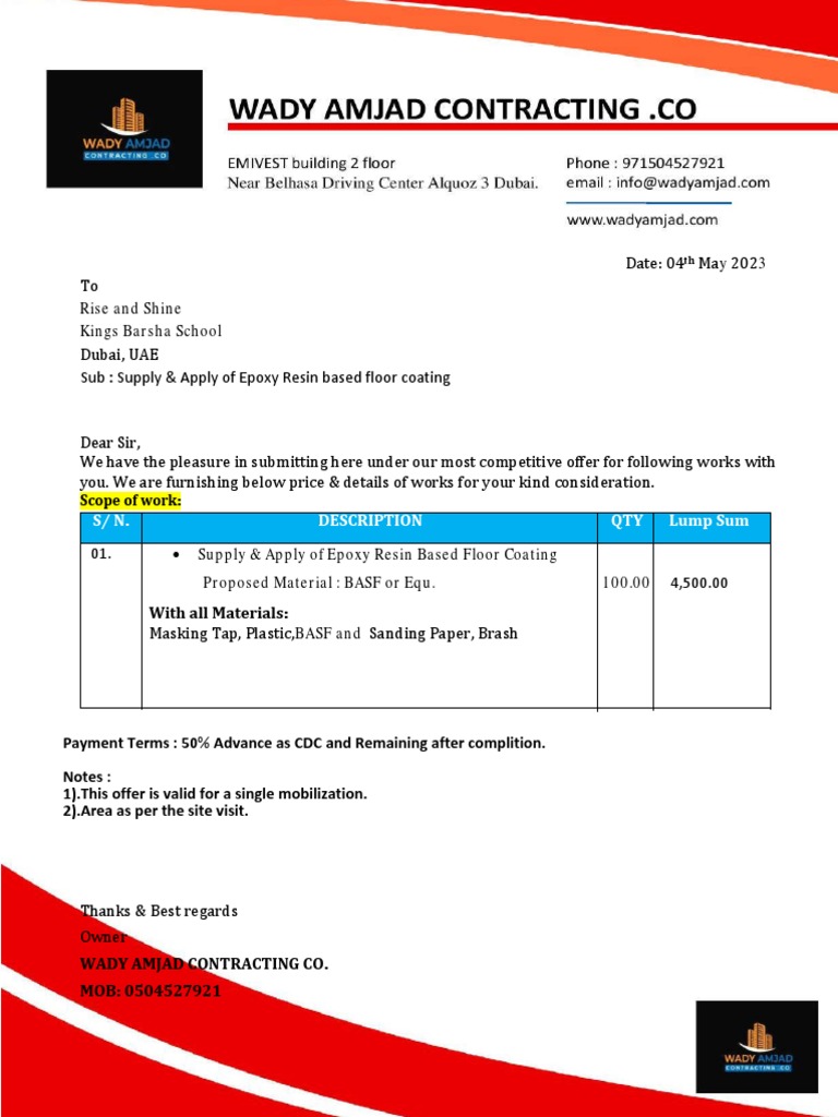 Epoxy Floor Coating Proposal for Dubai School | PDF
